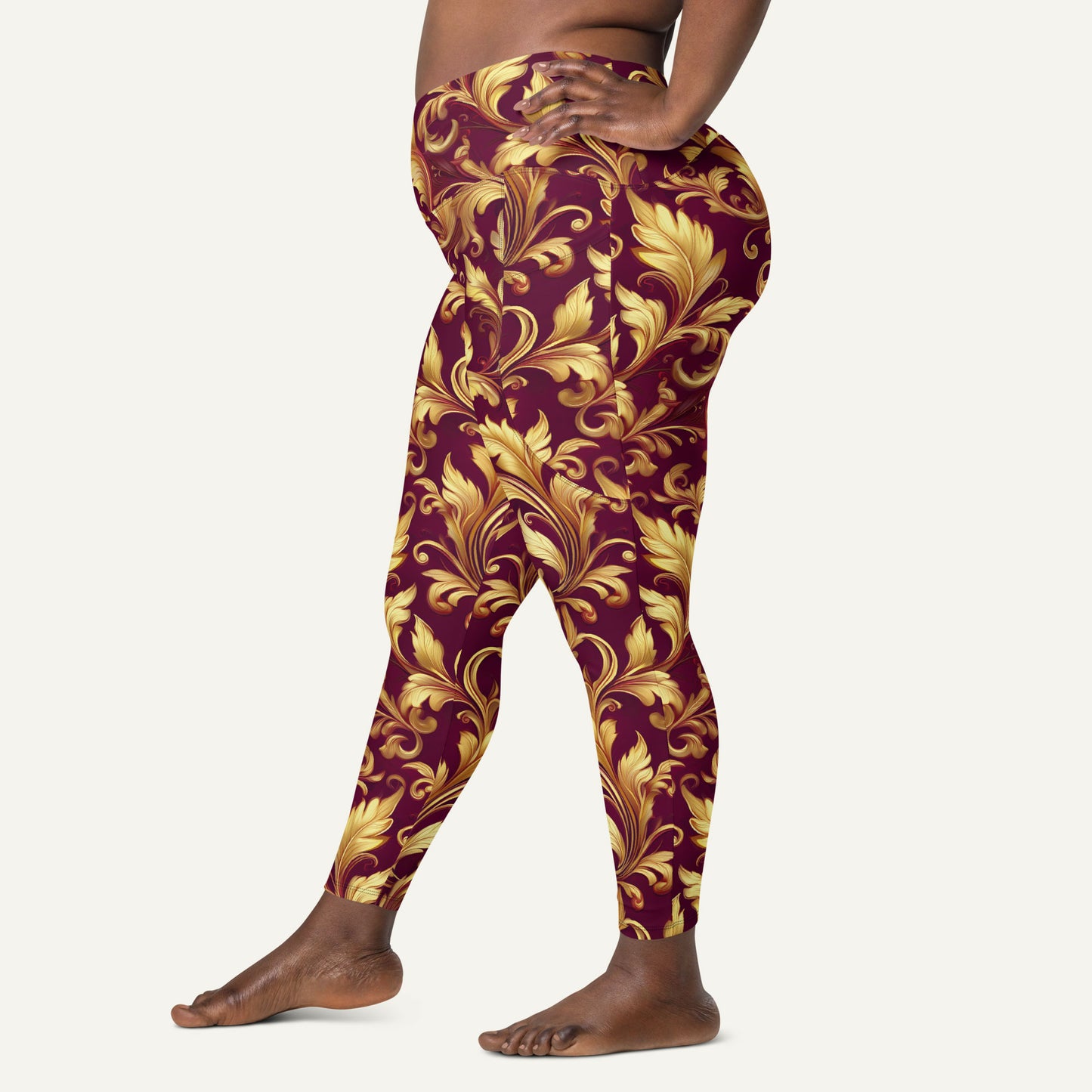 Baroque Flourish Burgundy Crossover Leggings With Pockets