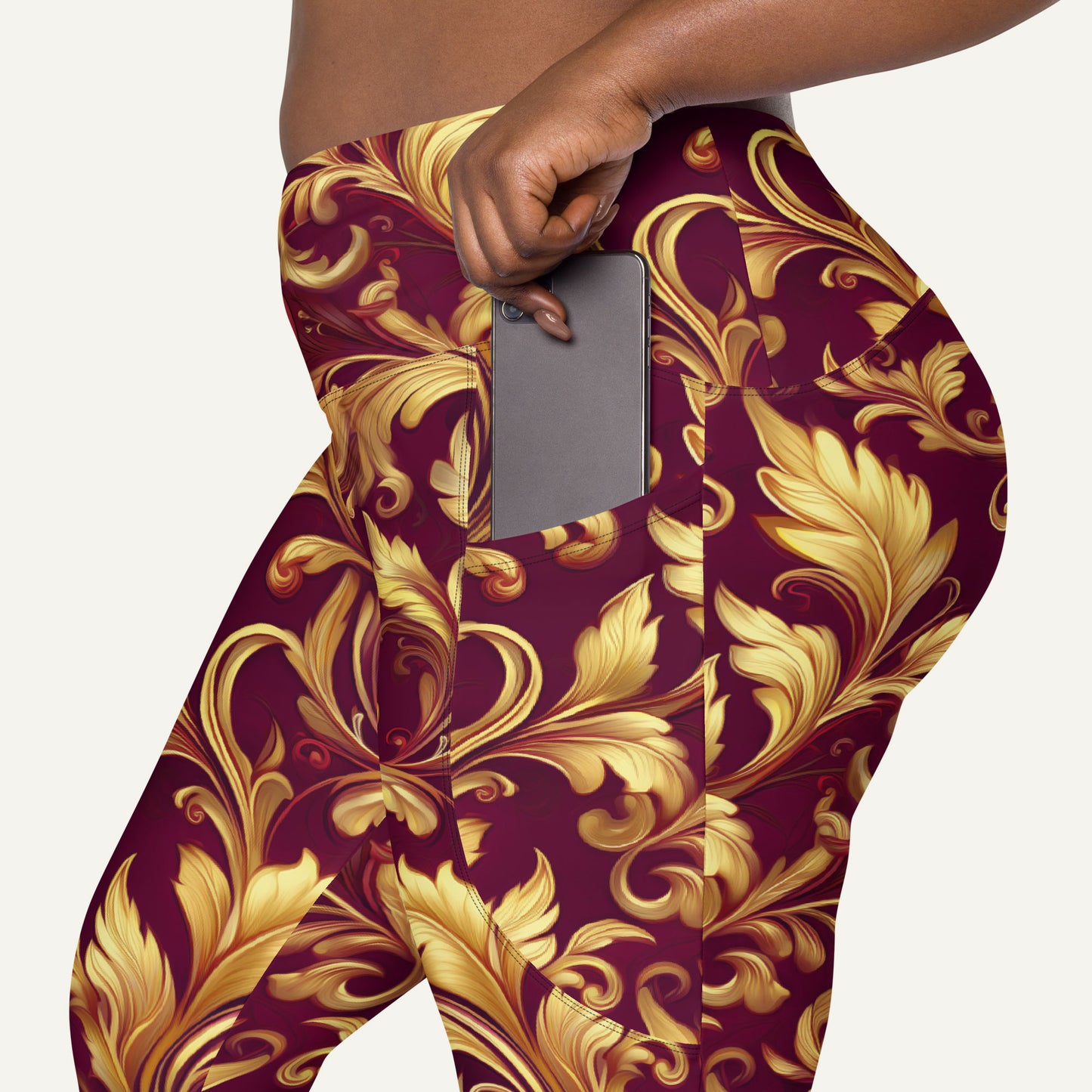 Baroque Flourish Burgundy Crossover Leggings With Pockets