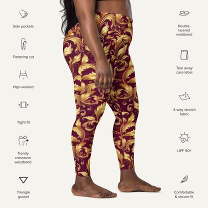 Baroque Flourish Burgundy Crossover Leggings With Pockets