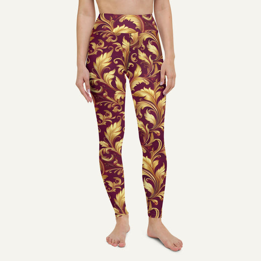 Baroque Flourish Burgundy High-Waisted Leggings