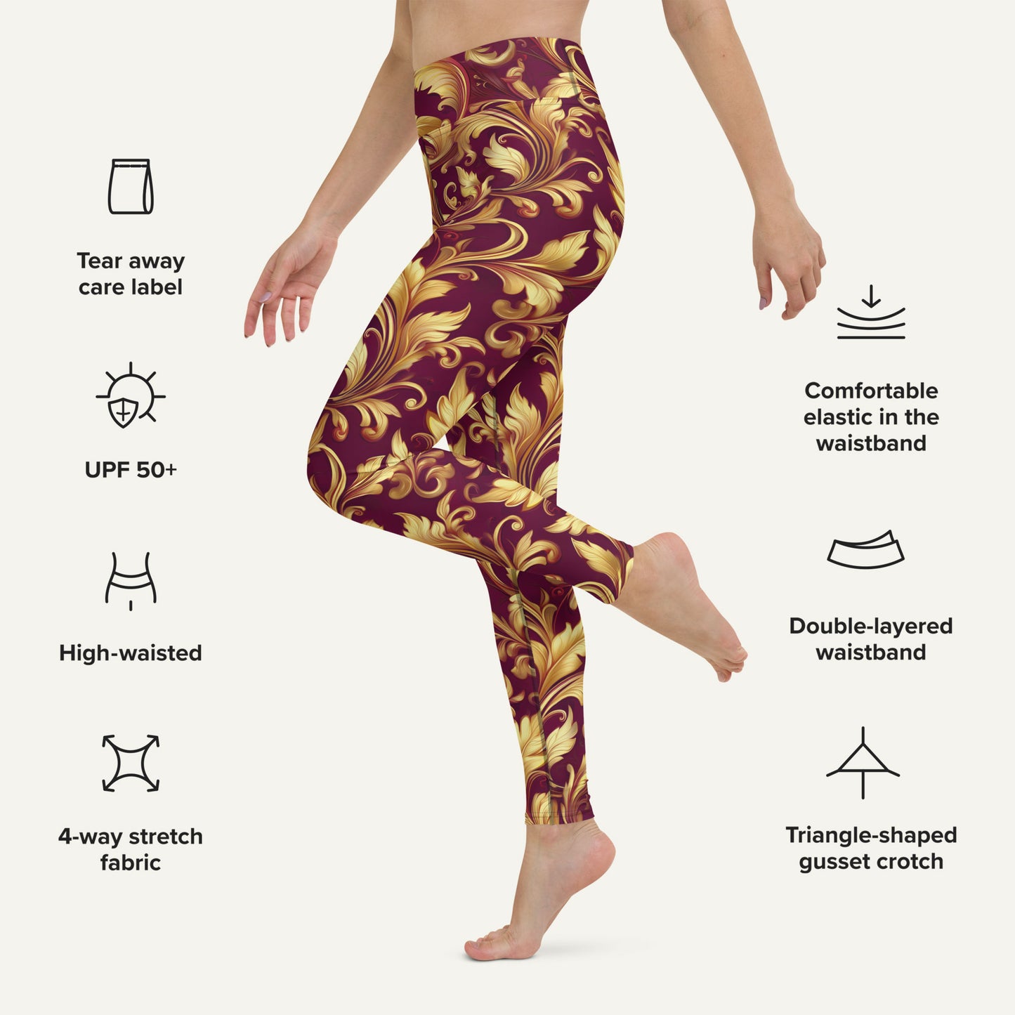 Baroque Flourish Burgundy High-Waisted Leggings