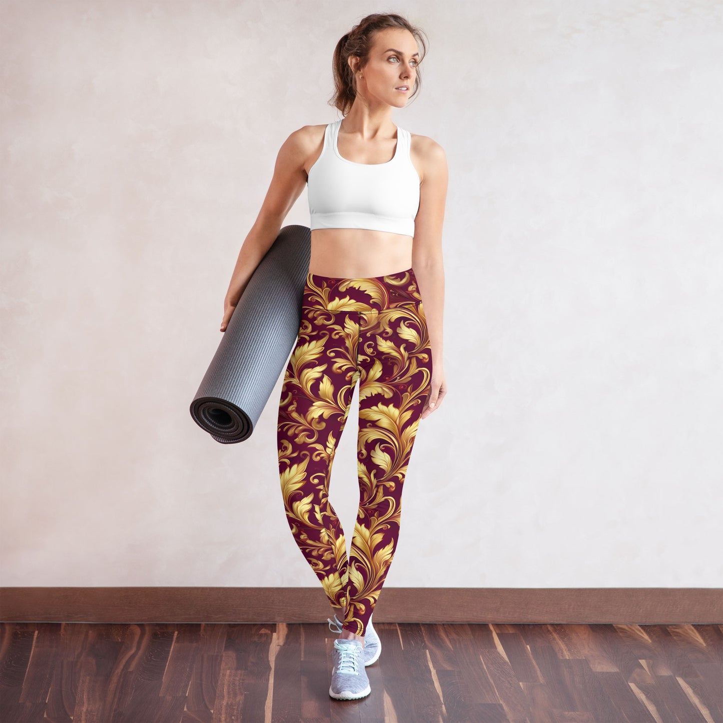 Baroque Flourish Burgundy High-Waisted Leggings