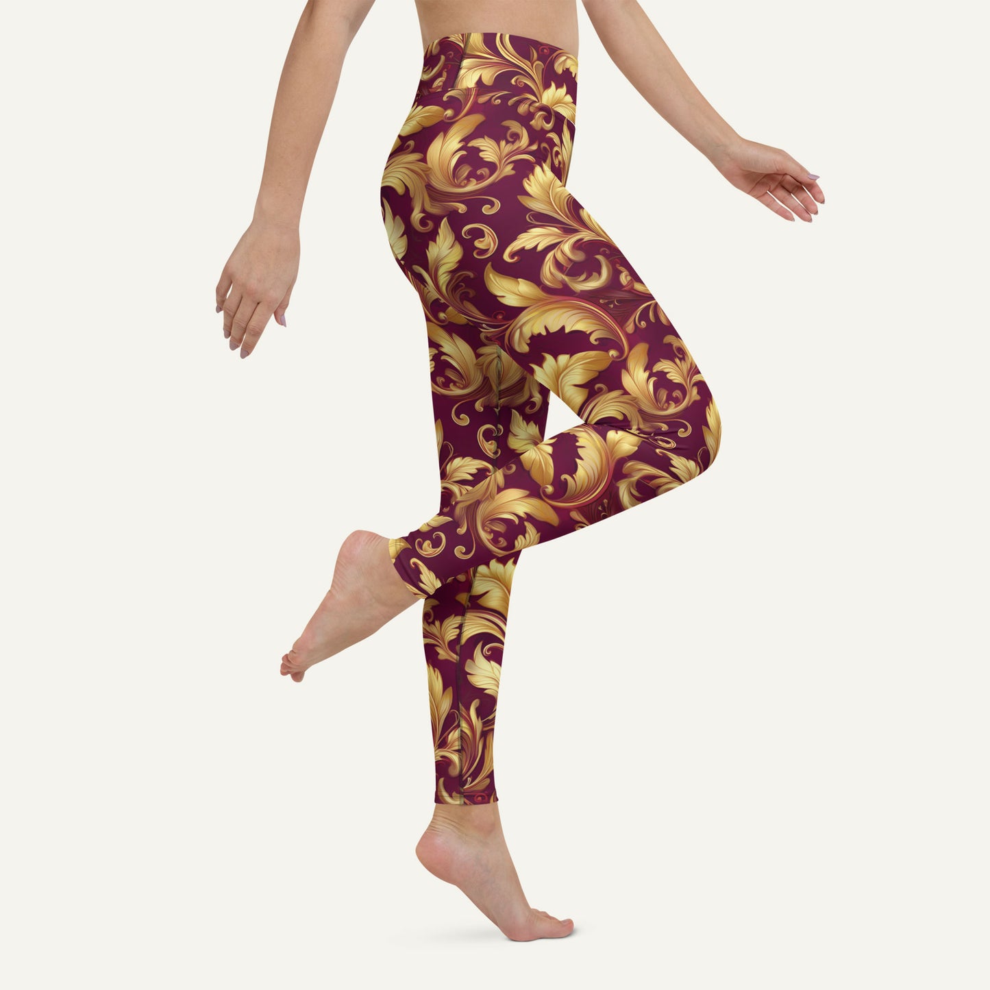 Baroque Flourish Burgundy High-Waisted Leggings