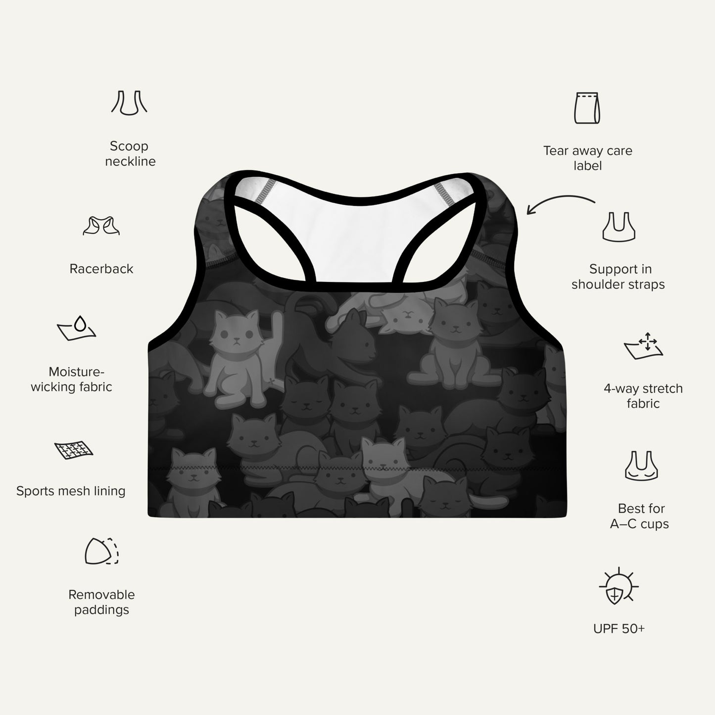 Black Camo Cat Padded Sports Bra