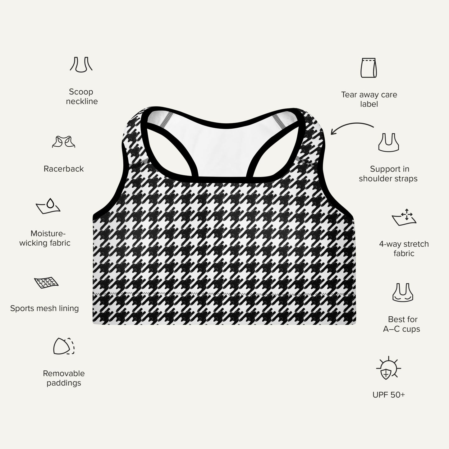 Black Cat Houndstooth Padded Sports Bra