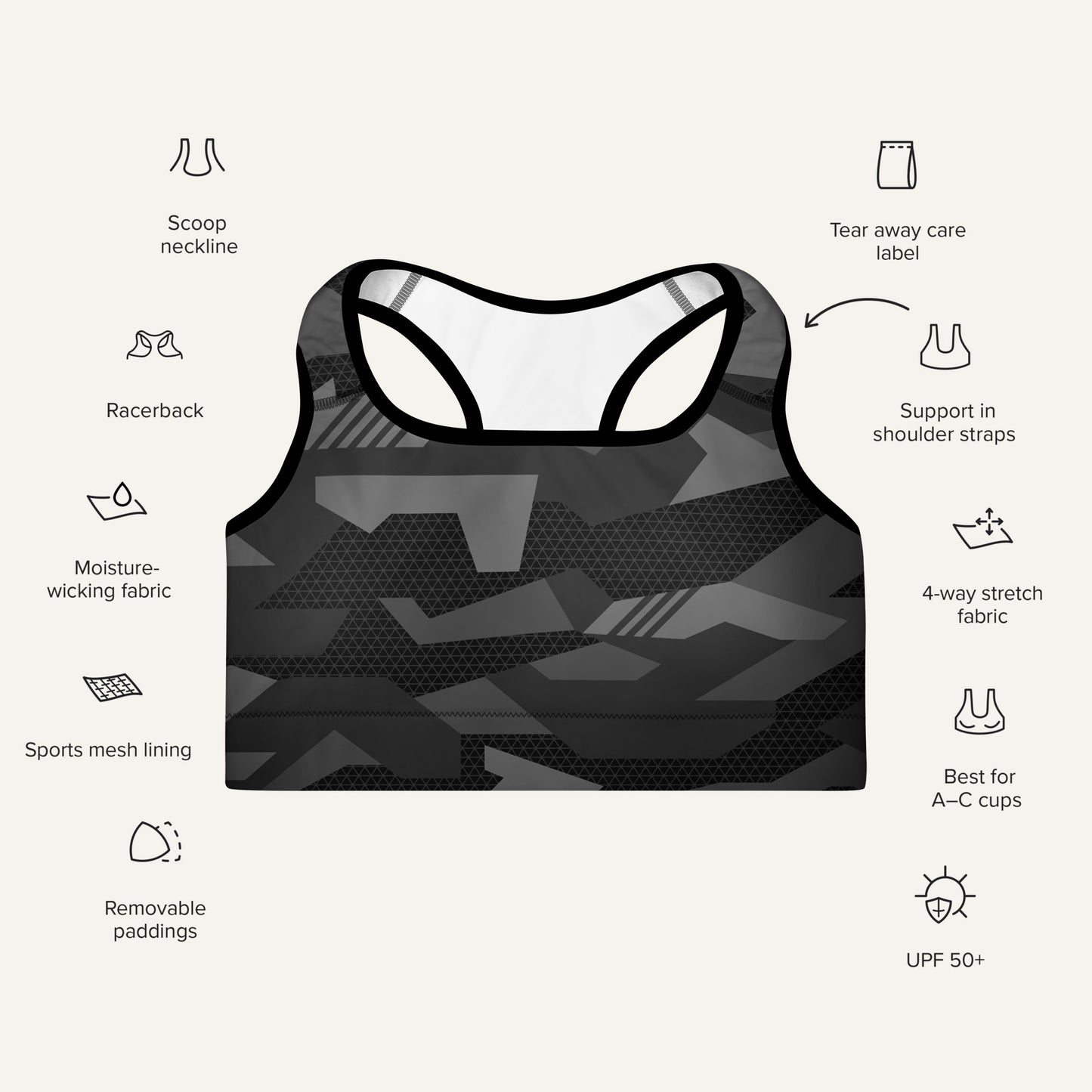 Black Geometric Camo Padded Sports Bra