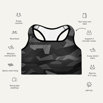 Black Geometric Camo Padded Sports Bra