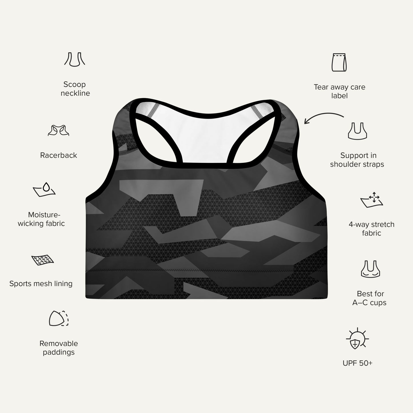 Black Geometric Camo Padded Sports Bra - Ministry of Sweat