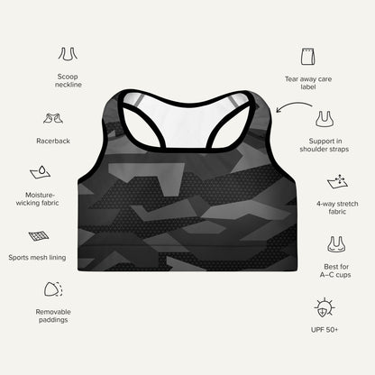 Black Geometric Camo Padded Sports Bra - Ministry of Sweat