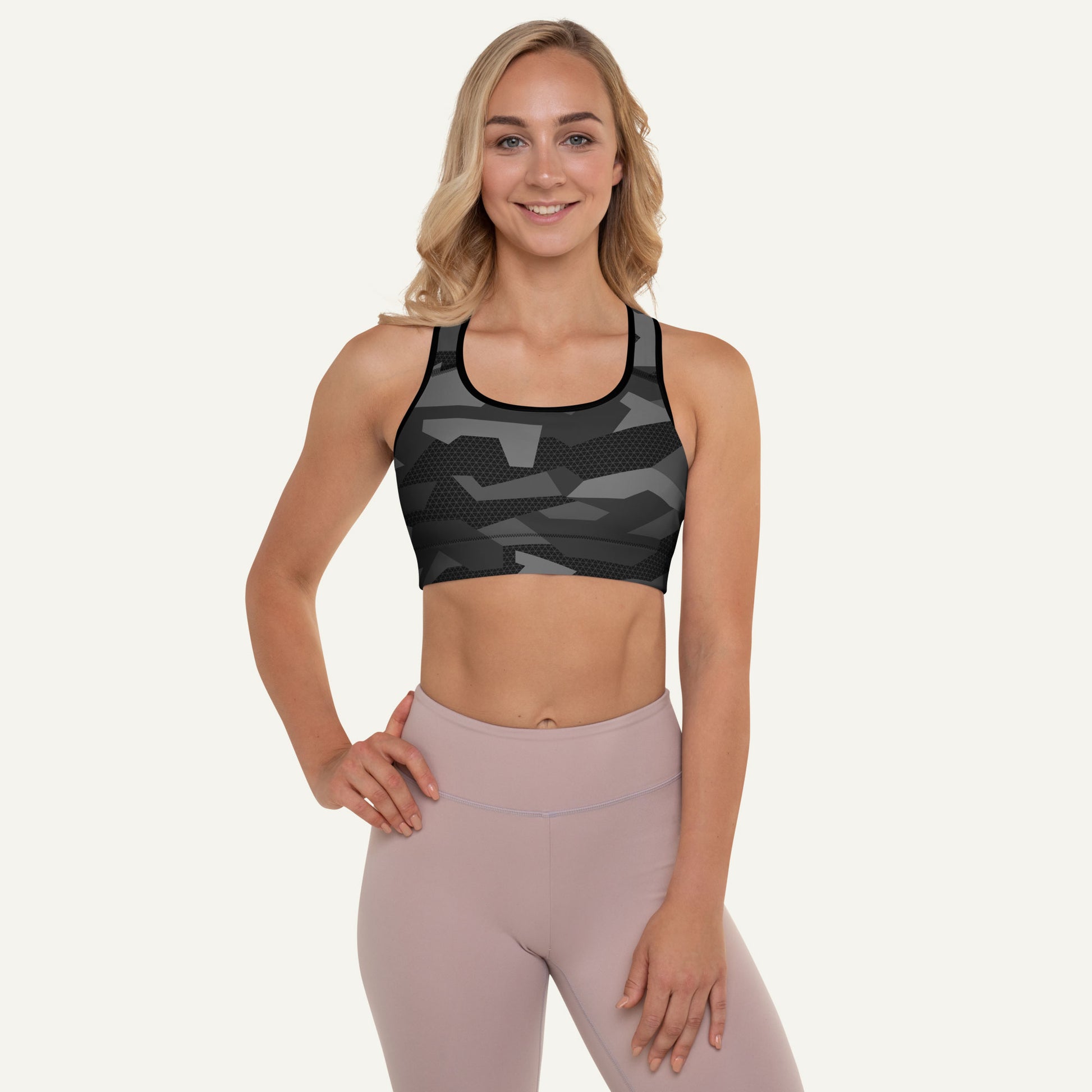 Black Geometric Camo Padded Sports Bra - Ministry of Sweat
