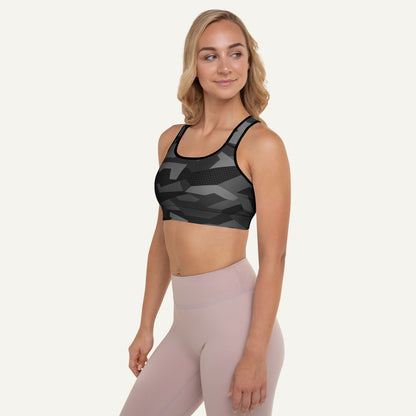 Black Geometric Camo Padded Sports Bra - Ministry of Sweat