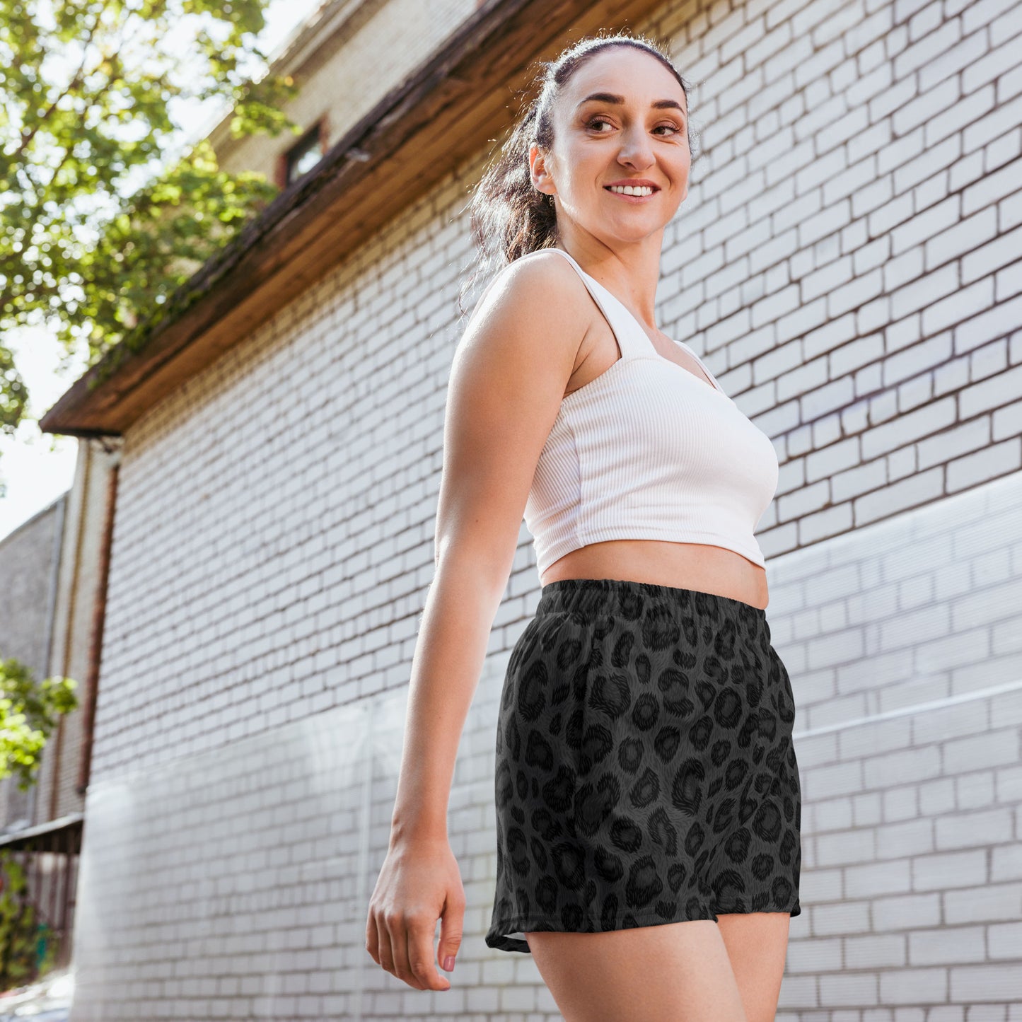 Black Leopard Print Women's Athletic Shorts