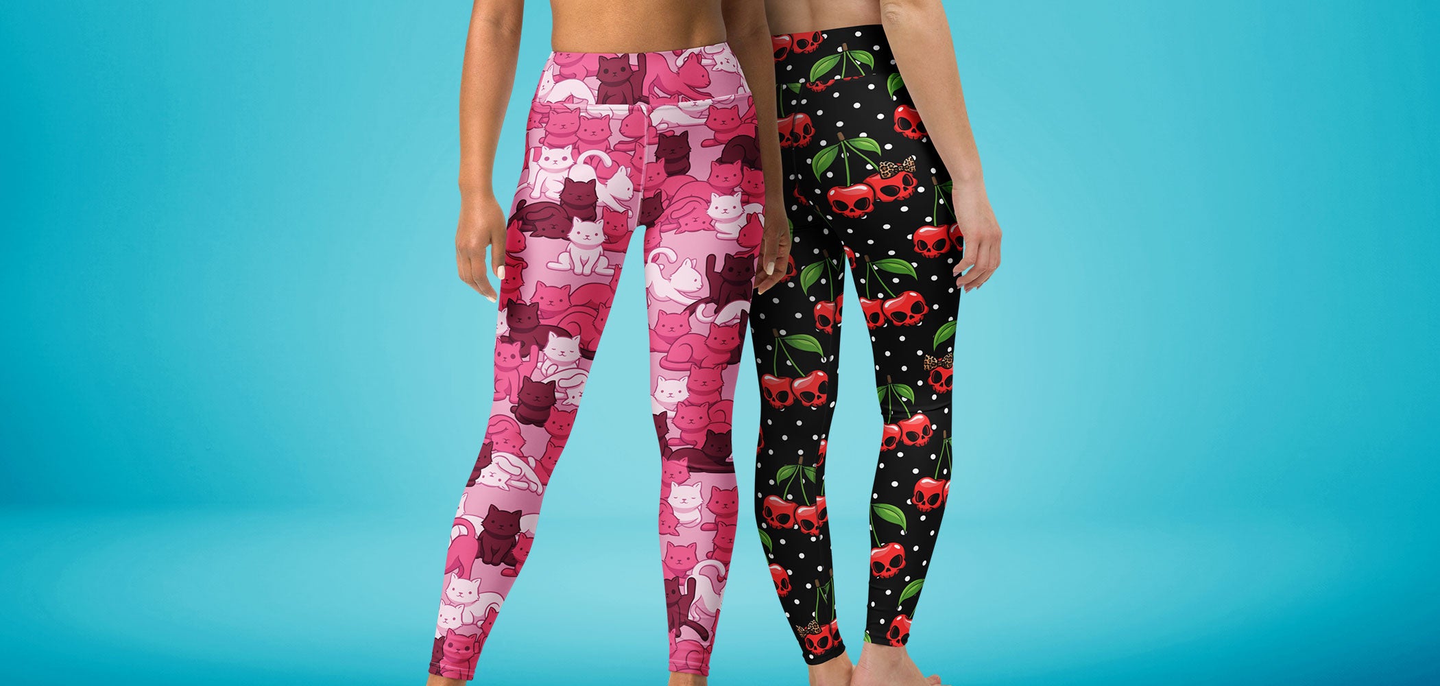 Models wearing Pink Camo Cat Leggings and Cherry Skulls Leggings against a blue background