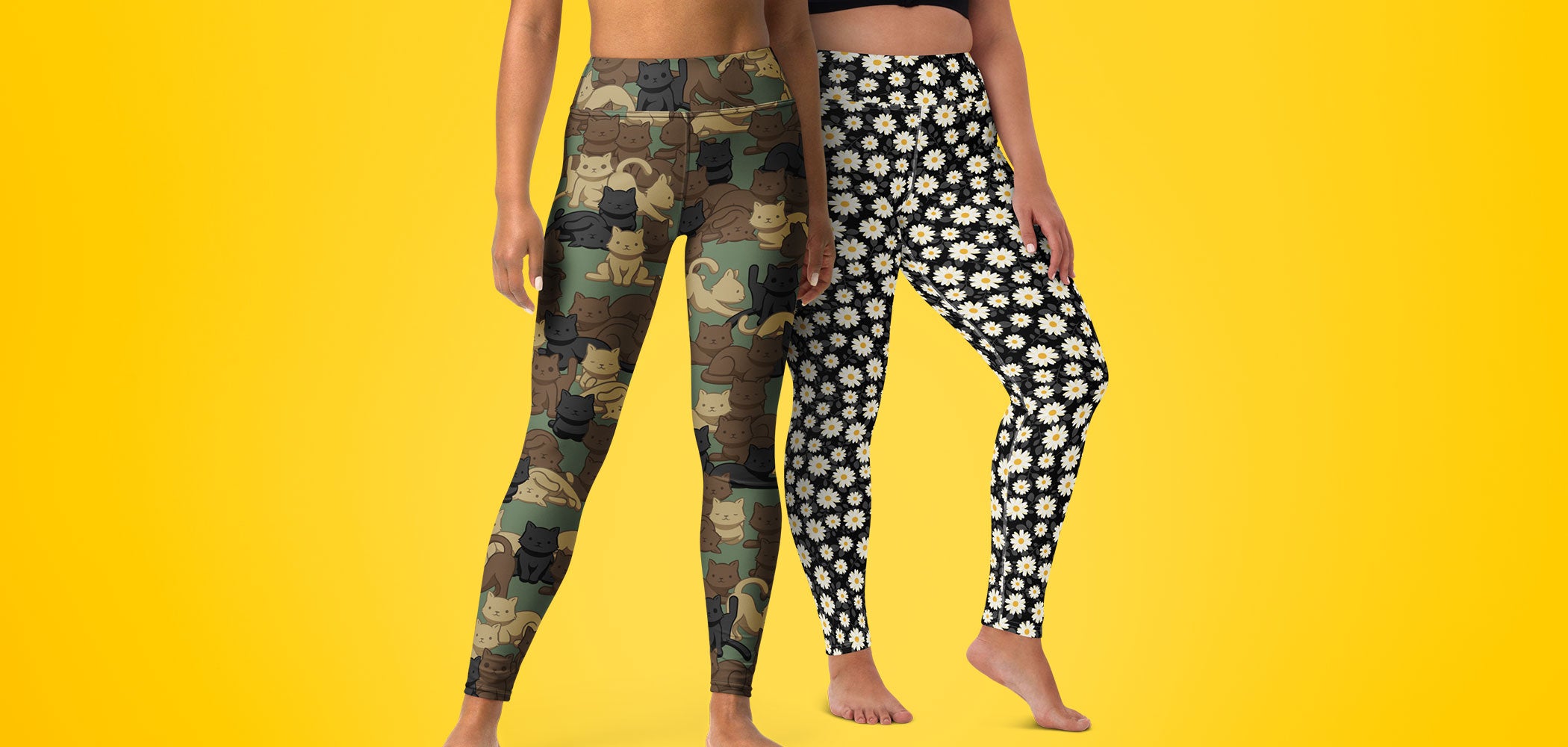 Two women wearing Ministry of Sweat high-waisted leggings in camo cat and summer daisy prints promoting BOGO offer