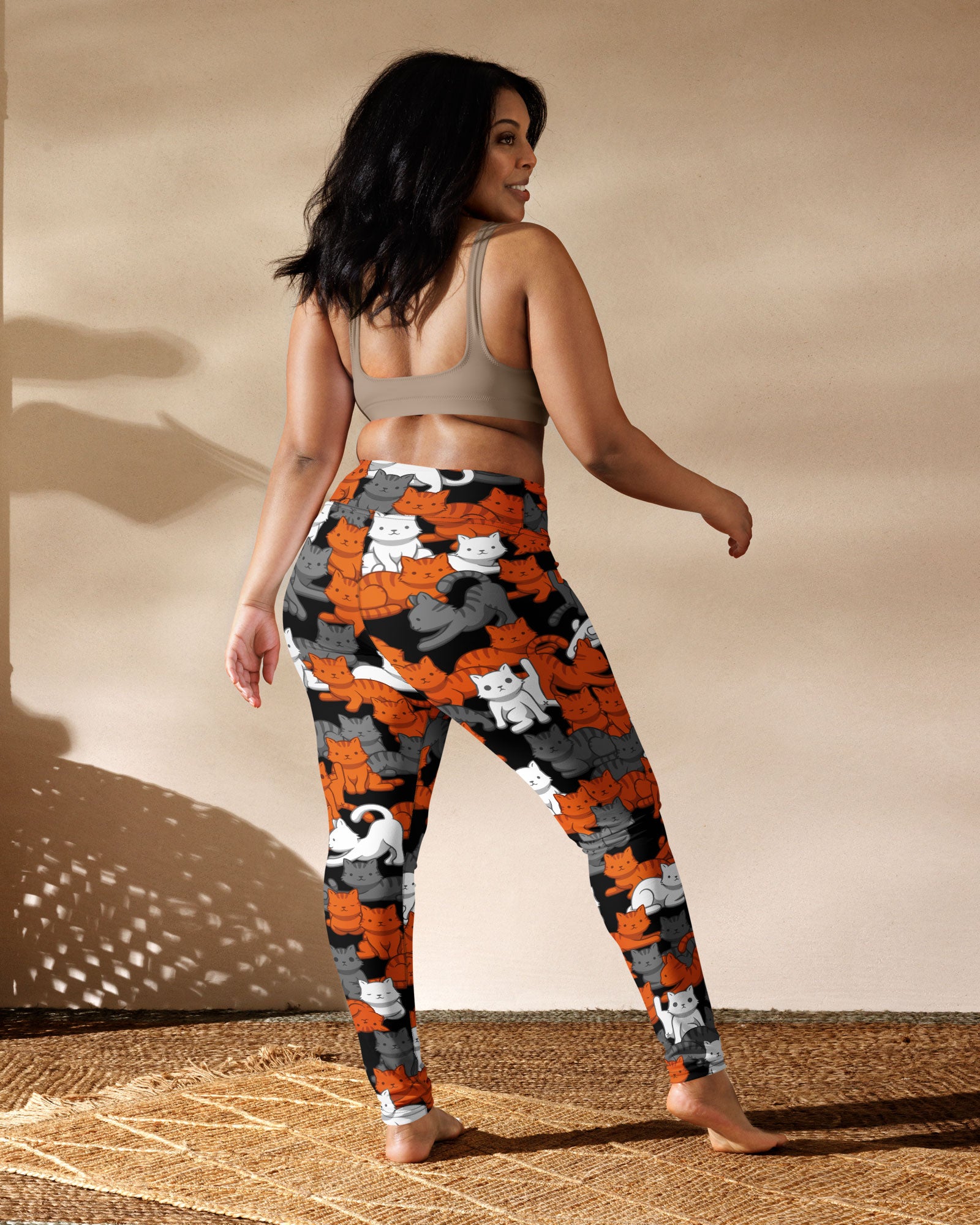 Women's Orange Gray Tabby Camo Cat Printed Leggings | High-Waisted
