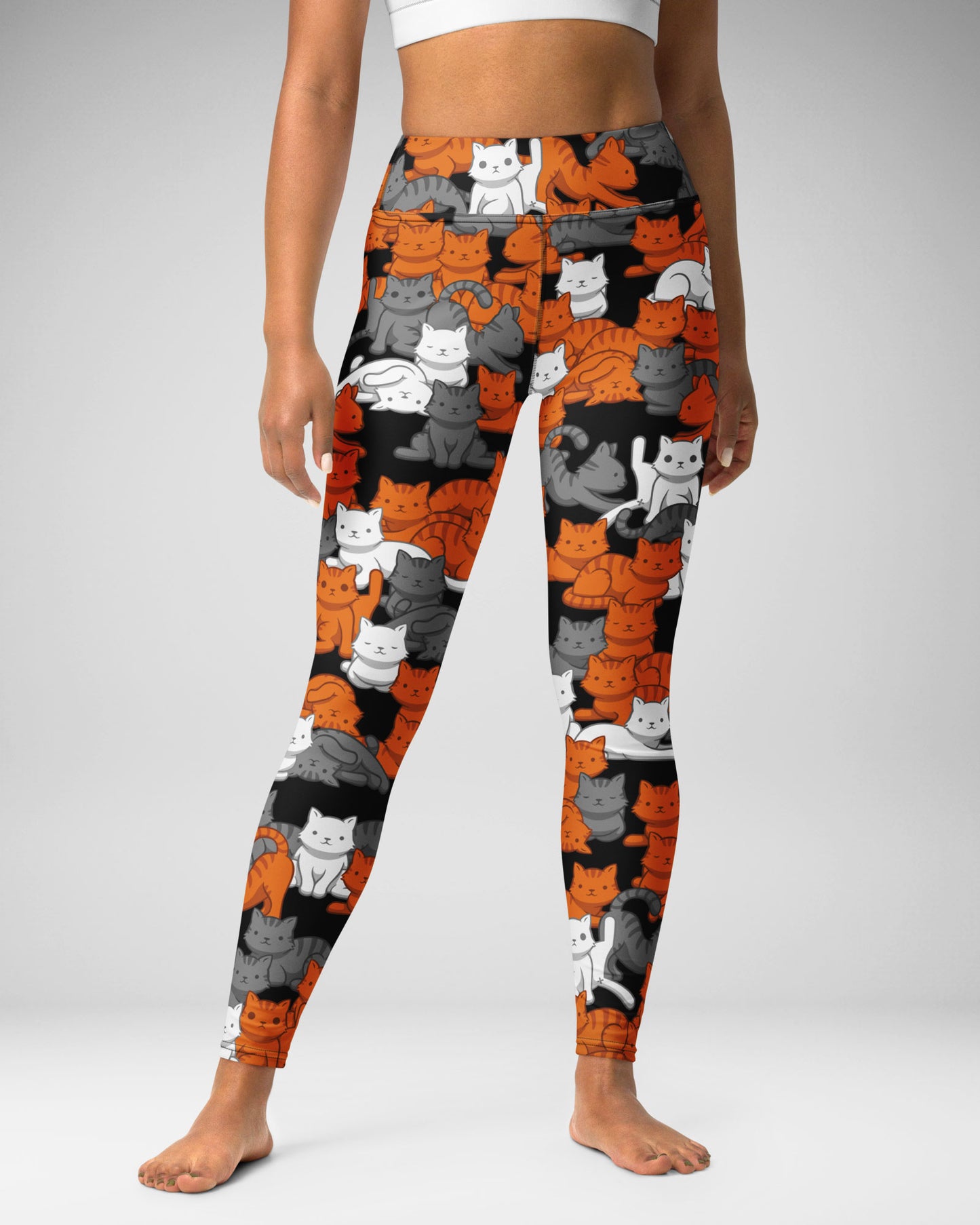 Orange Gray Tabby Camo Cat High-Waisted Leggings
