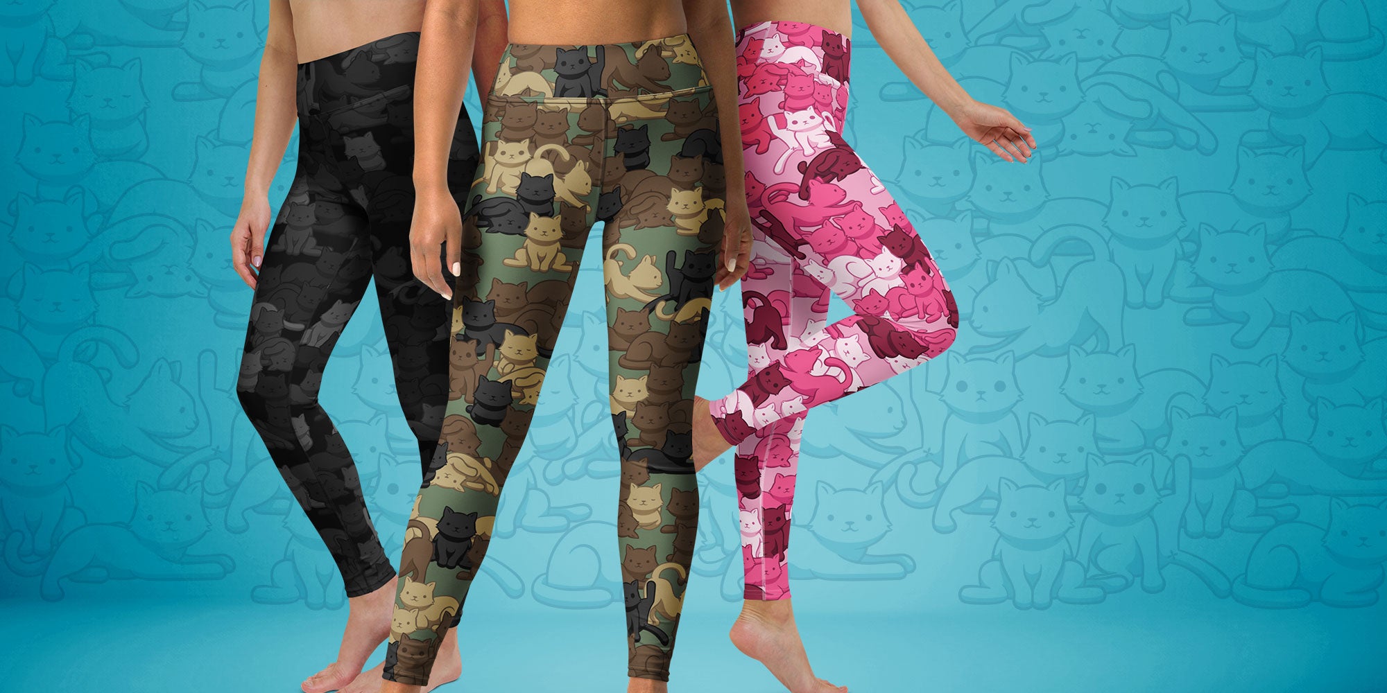 Three models wearing leggings in black, woodland, and pink Camo Cat pattern on a blue cat-patterened background