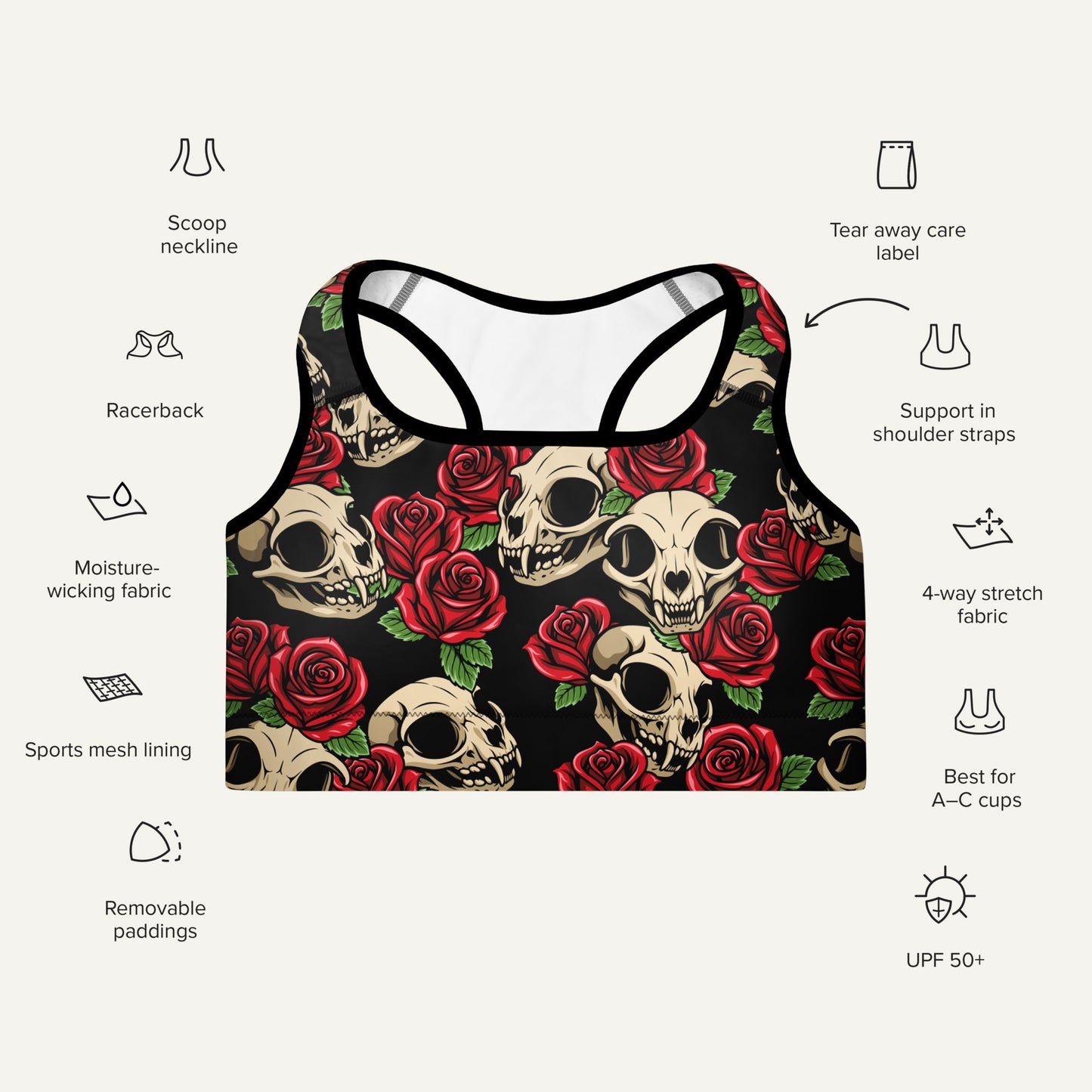 Cat Skulls And Roses Padded Sports Bra