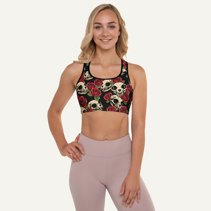 Cat Skulls And Roses Padded Sports Bra