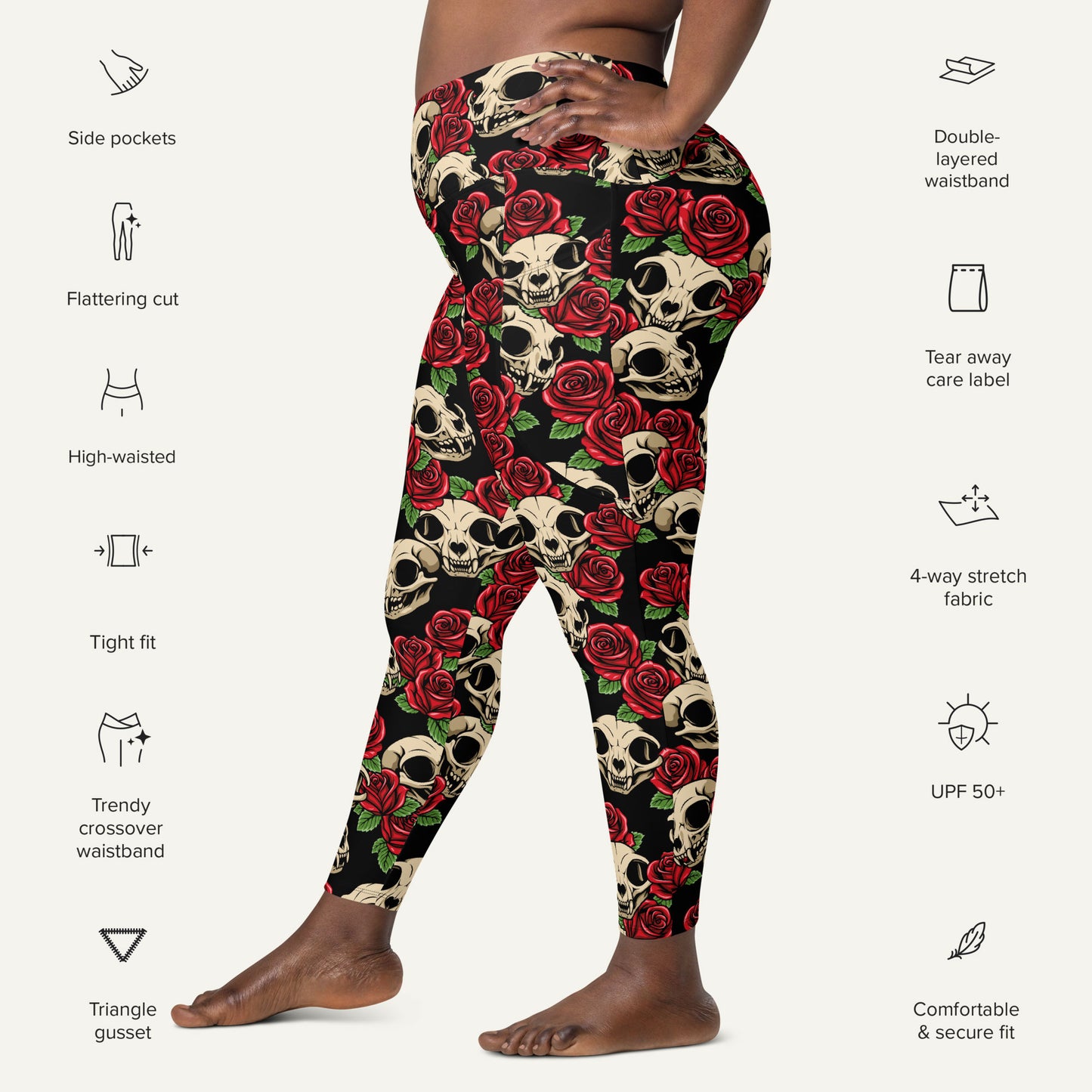 Cat Skulls And Roses Crossover Pocket Leggings
