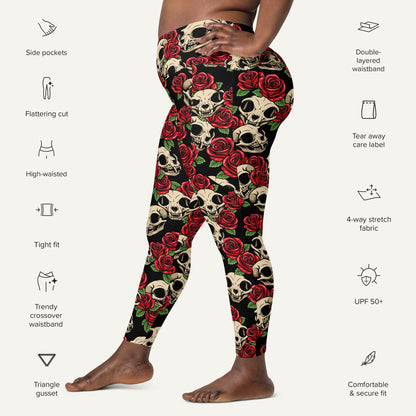 Cat Skulls And Roses Crossover Pocket Leggings