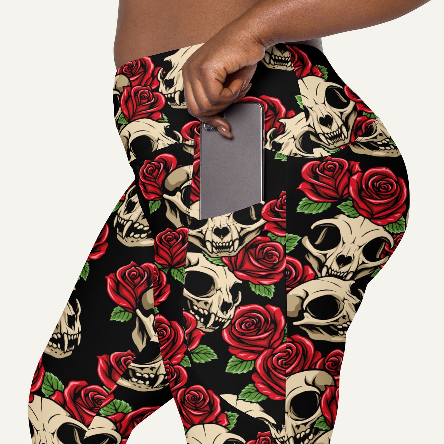 Cat Skulls And Roses Crossover Pocket Leggings