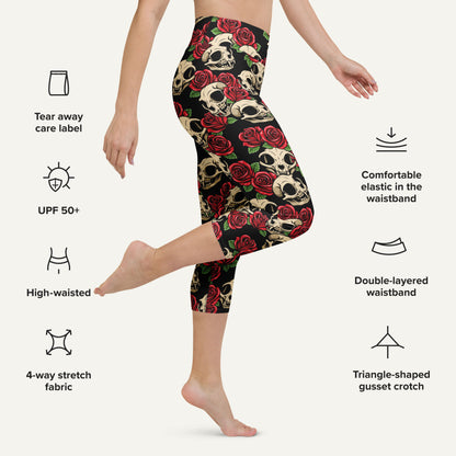 Cat Skulls And Roses High-Waisted Capri Leggings