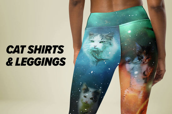 Shop Cat Shirts & Leggings: Model wearing leggings with cats in space design on a beige background