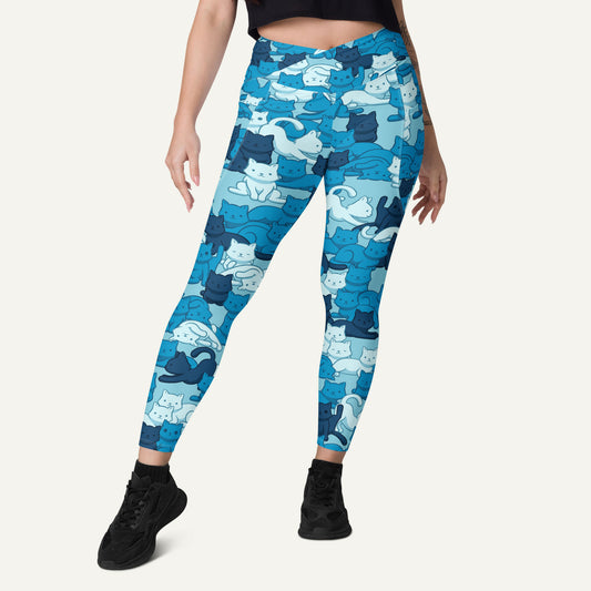 Cats Camouflage Blue Crossover Leggings With Pockets