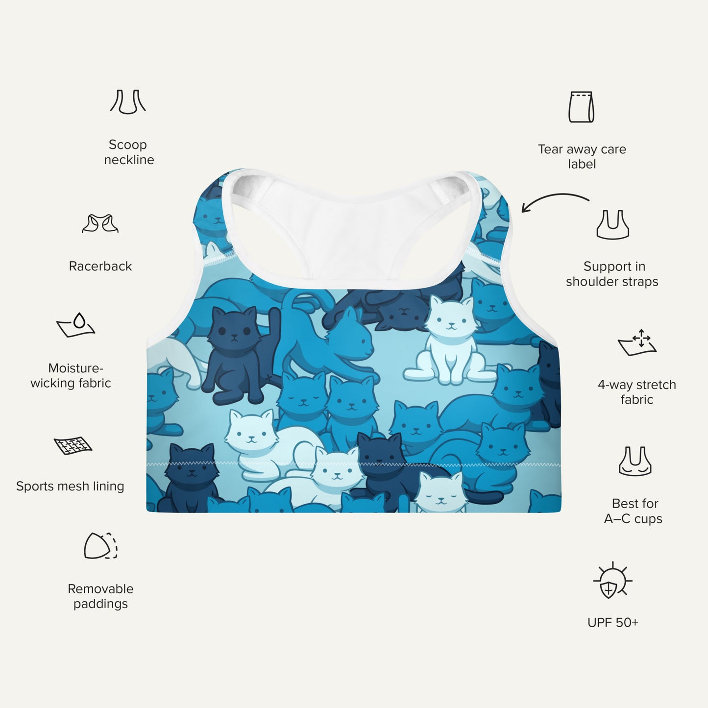 Cats Camouflage Blue Padded Sports Bra