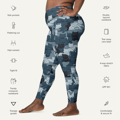 Cats Camouflage Navy High-Waisted Crossover Leggings With Pockets