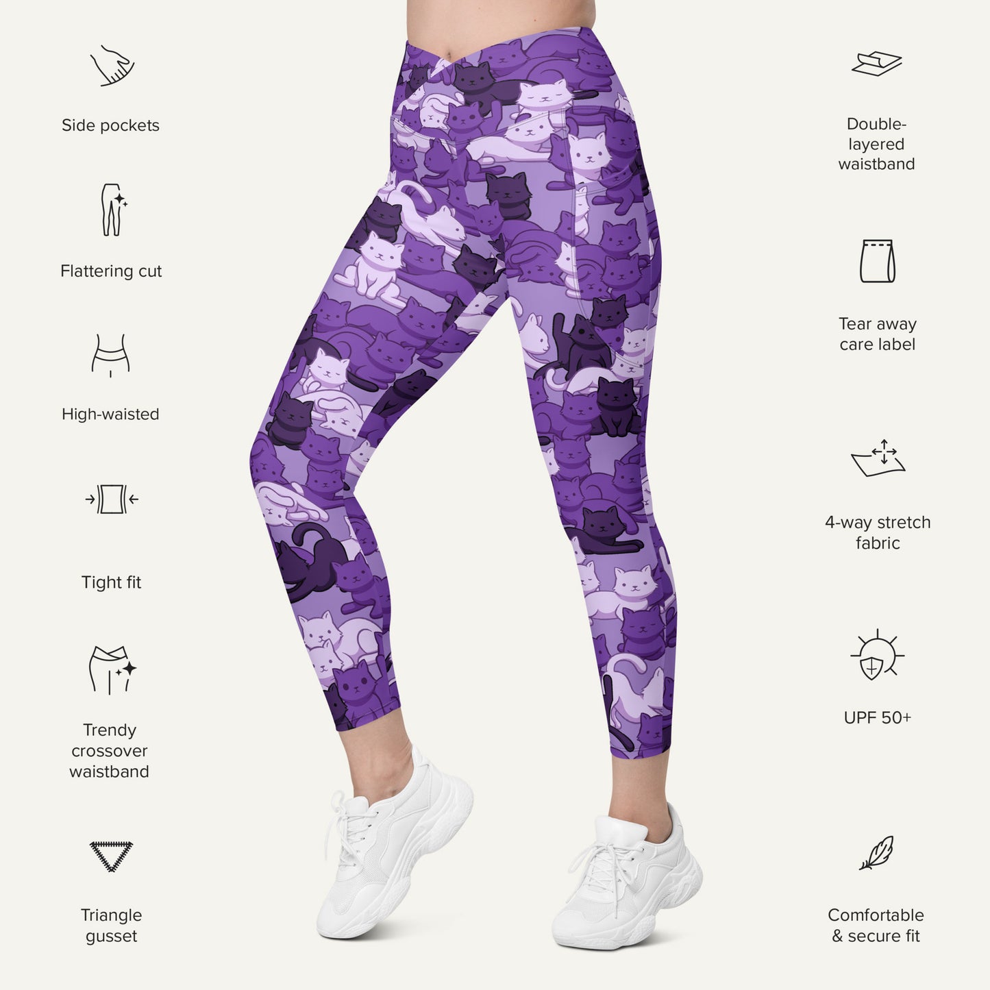 Cats Camouflage Purple Crossover Leggings With Pockets