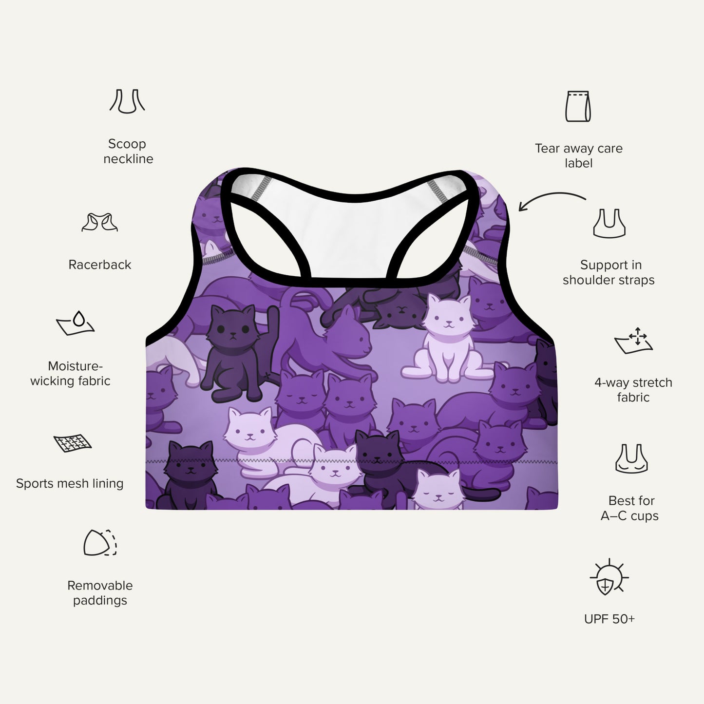 Cats Camouflage Purple Padded Sports Bra