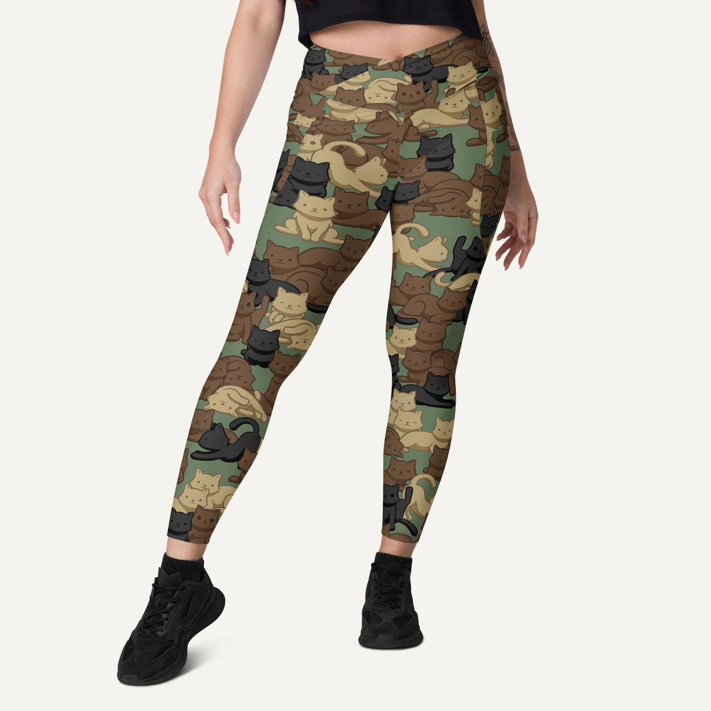 Cats Camouflage Woodland High-Waisted Crossover Leggings With Pockets