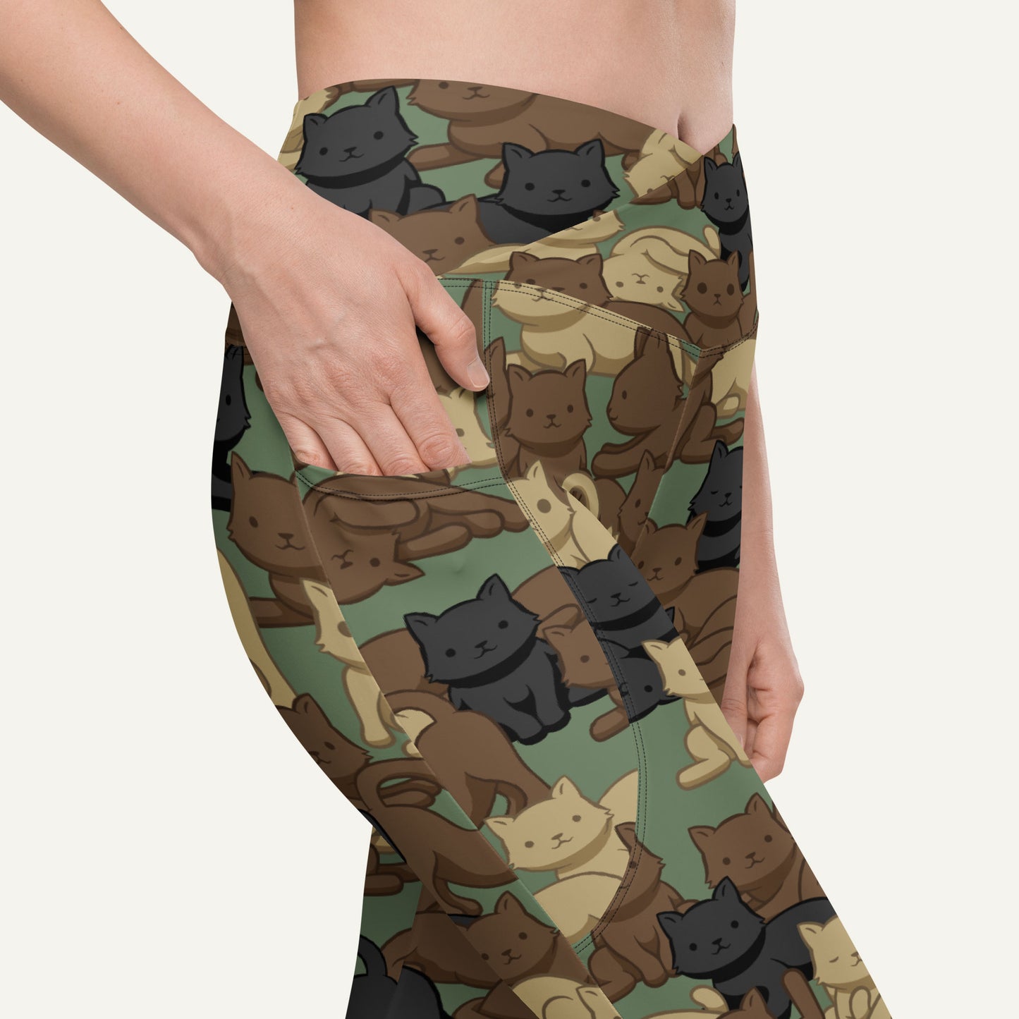 Cats Camouflage Woodland High-Waisted Crossover Leggings With Pockets