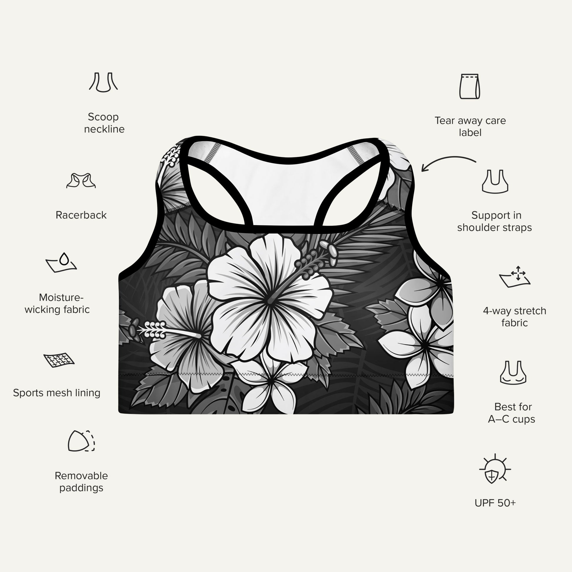 Charcoal Tropical Florals Padded Sports Bra - Ministry of Sweat