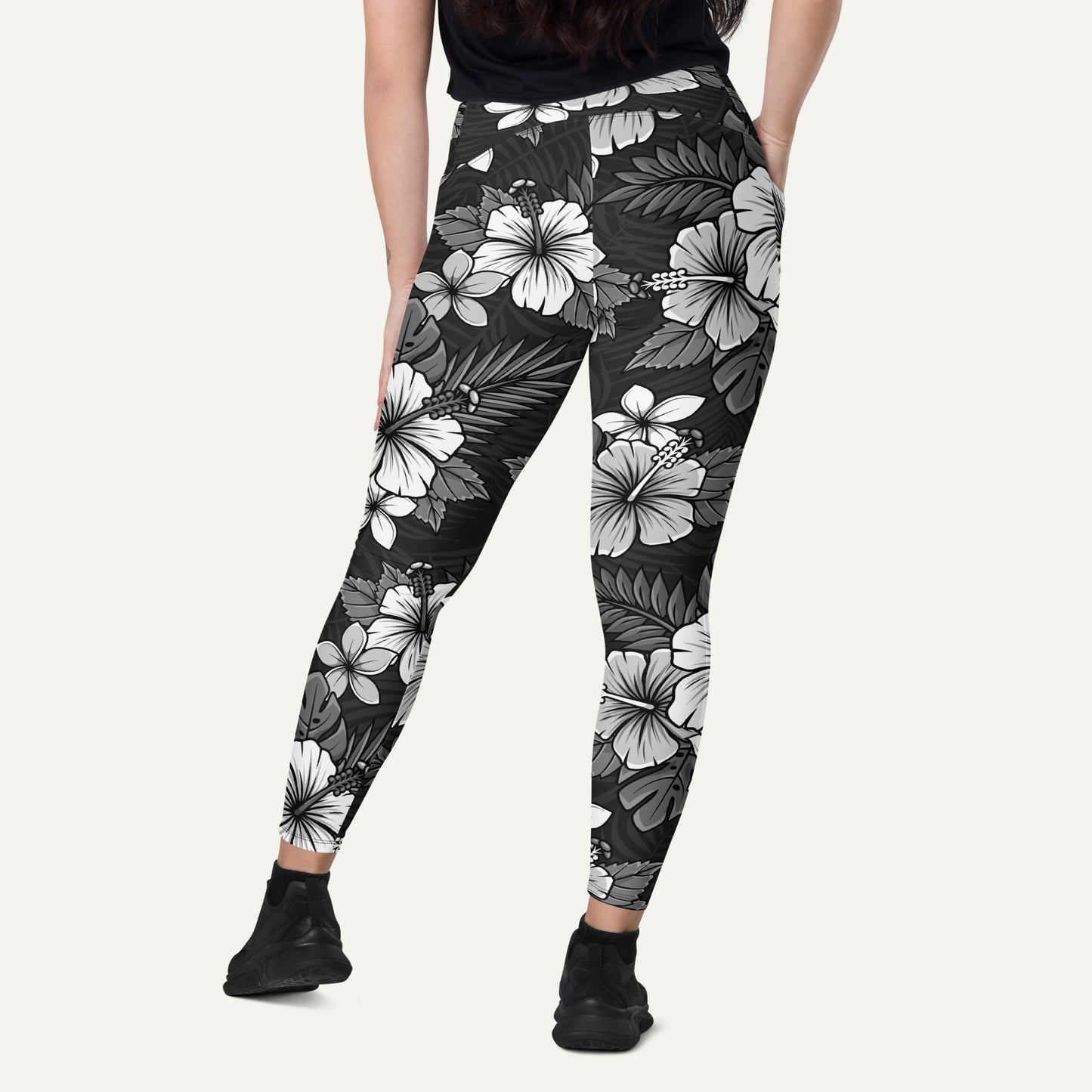 Charcoal Tropical Florals Crossover Pocket Leggings - Ministry of Sweat