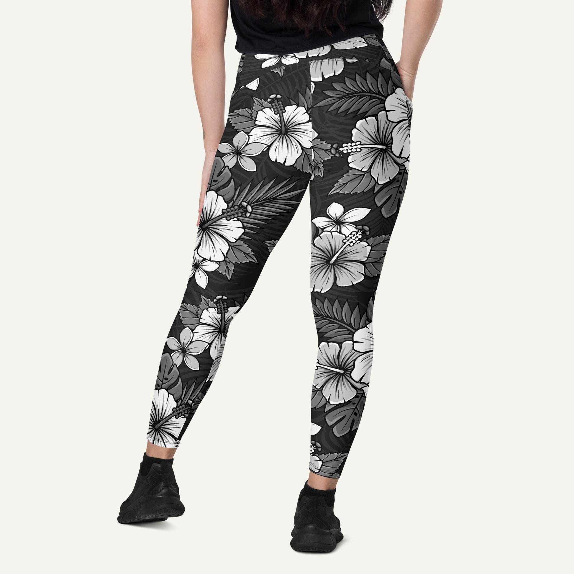 Charcoal Tropical Florals Crossover Pocket Leggings - Ministry of Sweat