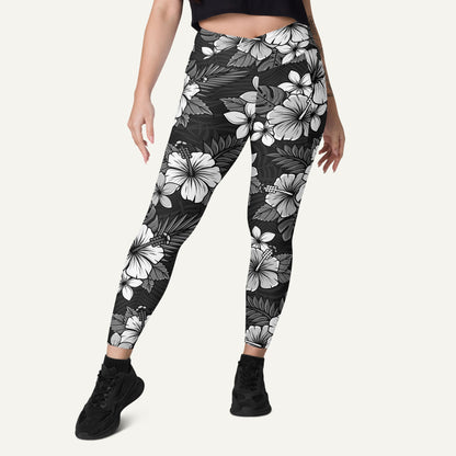 Charcoal Tropical Florals Crossover Pocket Leggings - Ministry of Sweat