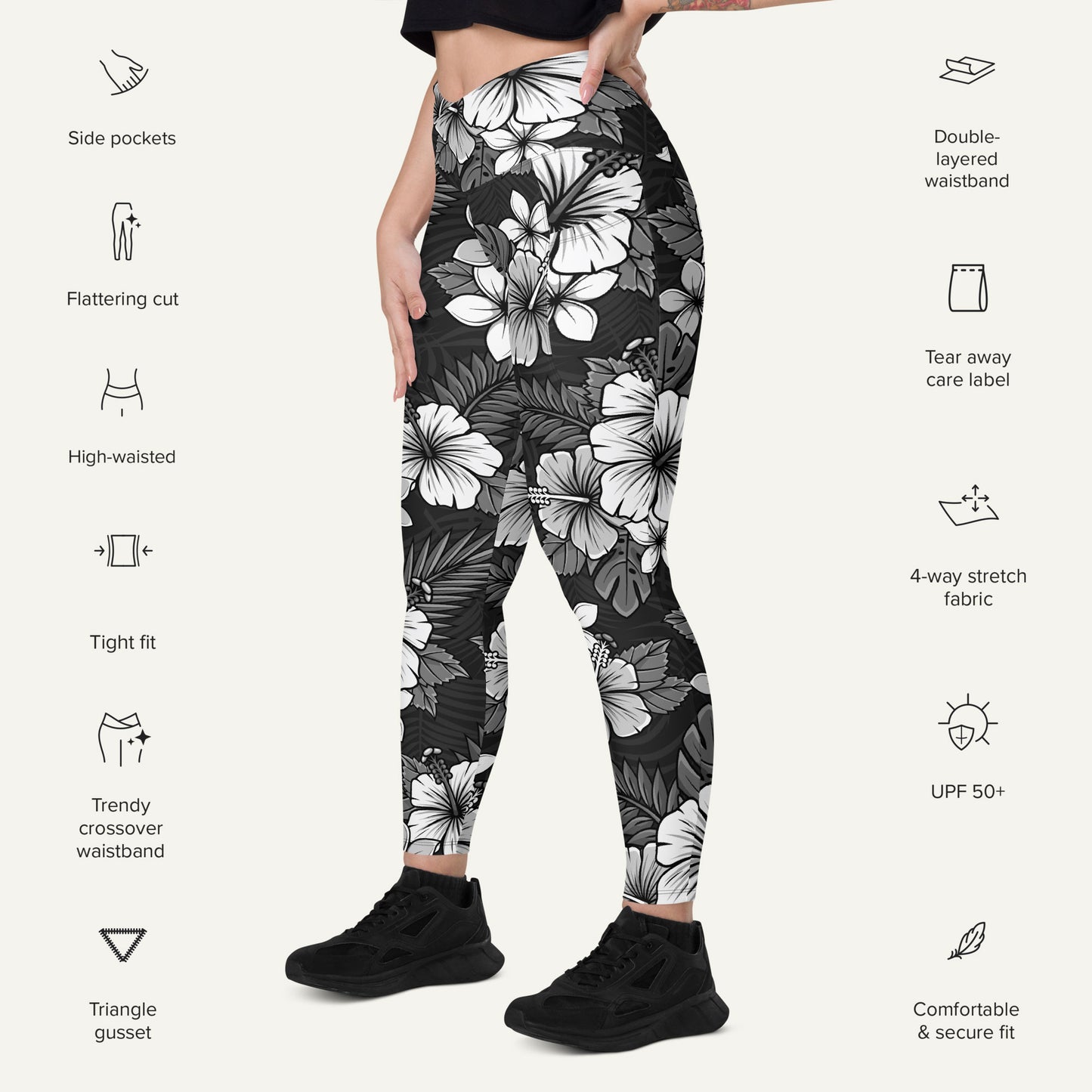 Charcoal Tropical Florals Crossover Pocket Leggings - Ministry of Sweat