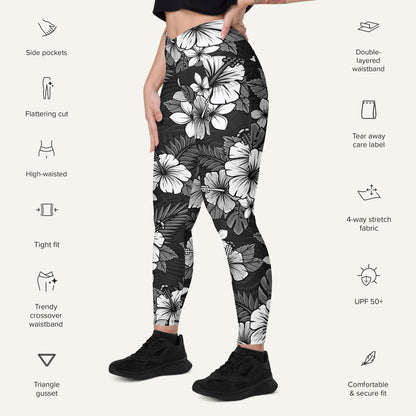Charcoal Tropical Florals Crossover Pocket Leggings - Ministry of Sweat