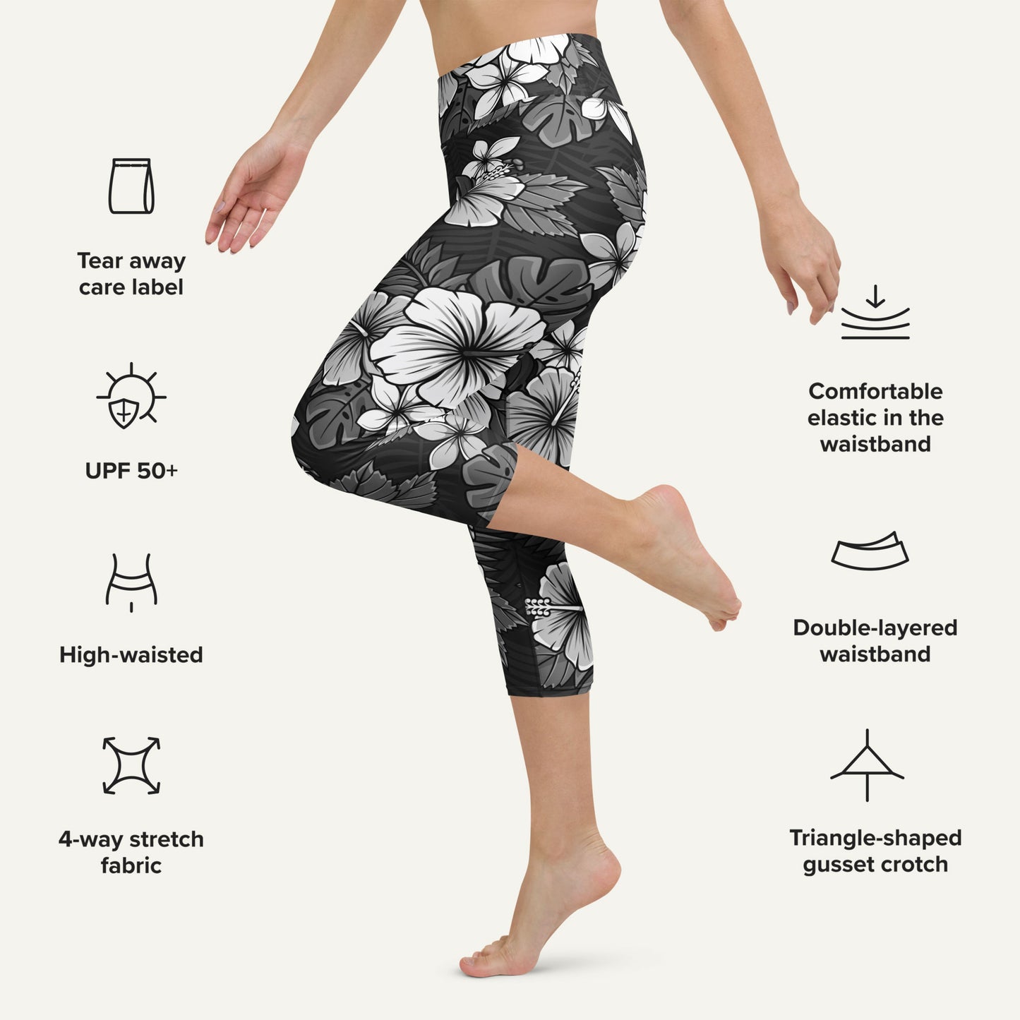 Charcoal Tropical Florals High-Waisted Capri Leggings