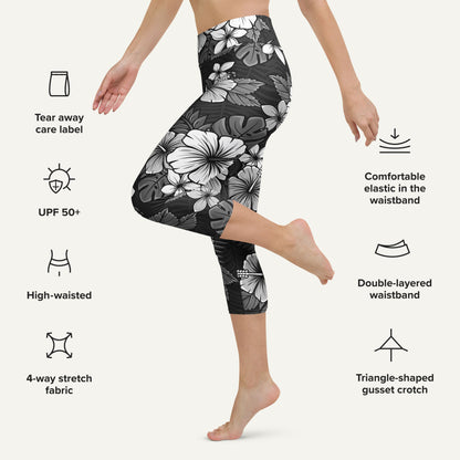 Charcoal Tropical Florals High-Waisted Capri Leggings