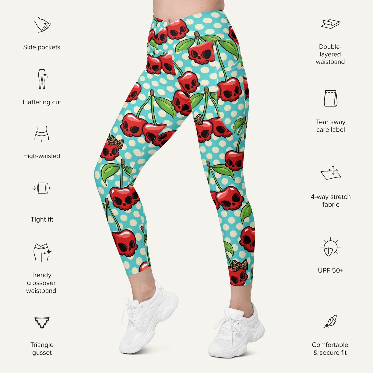 Cherry Skulls Crossover Pocket Leggings