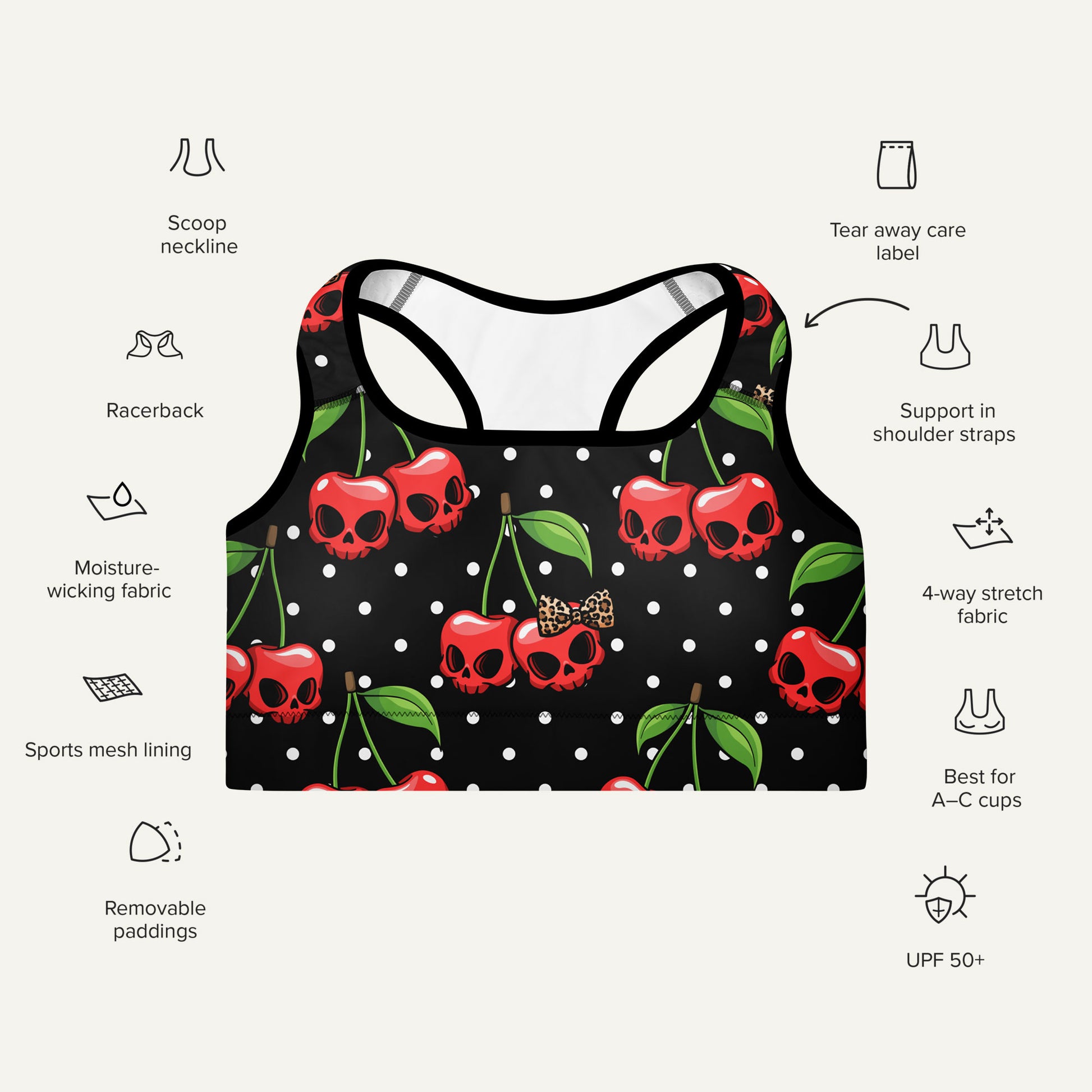 Cherry Skulls Padded Sports Bra - Ministry of Sweat