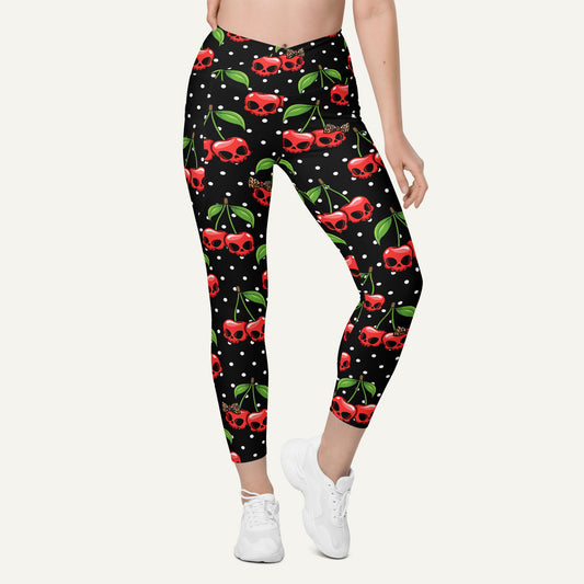 Cherry Skulls Crossover Pocket Leggings