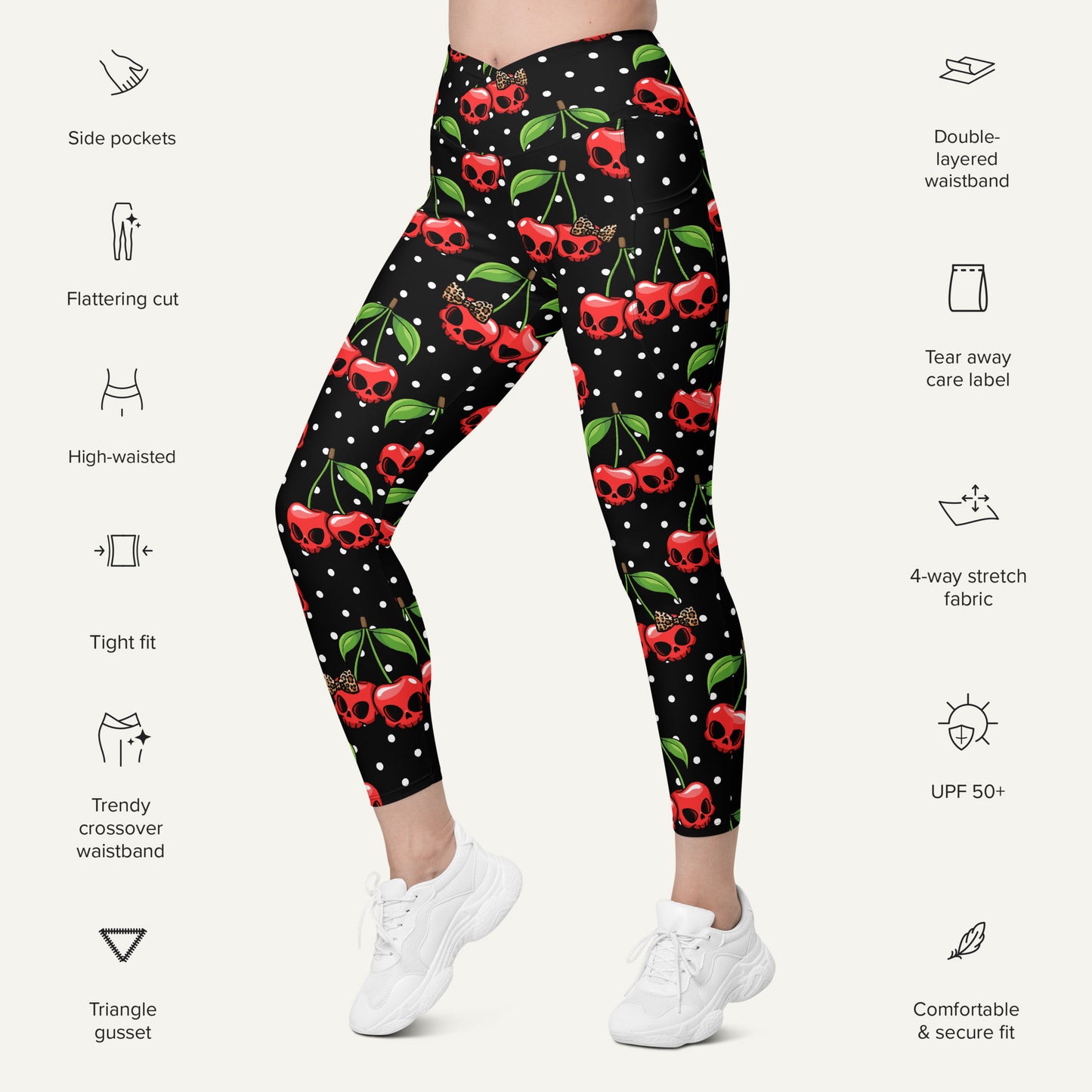 Cherry Skulls Crossover Pocket Leggings