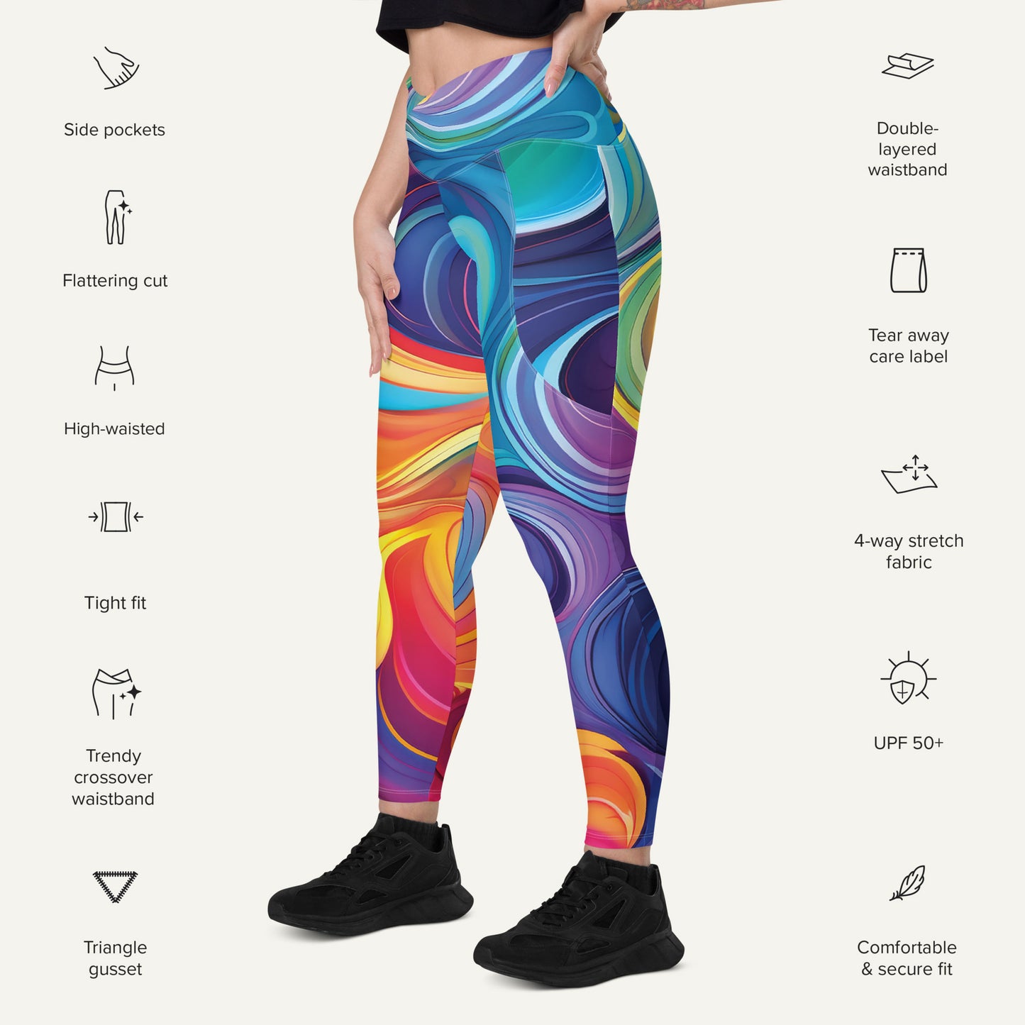 Color Swirls Crossover Leggings With Pockets