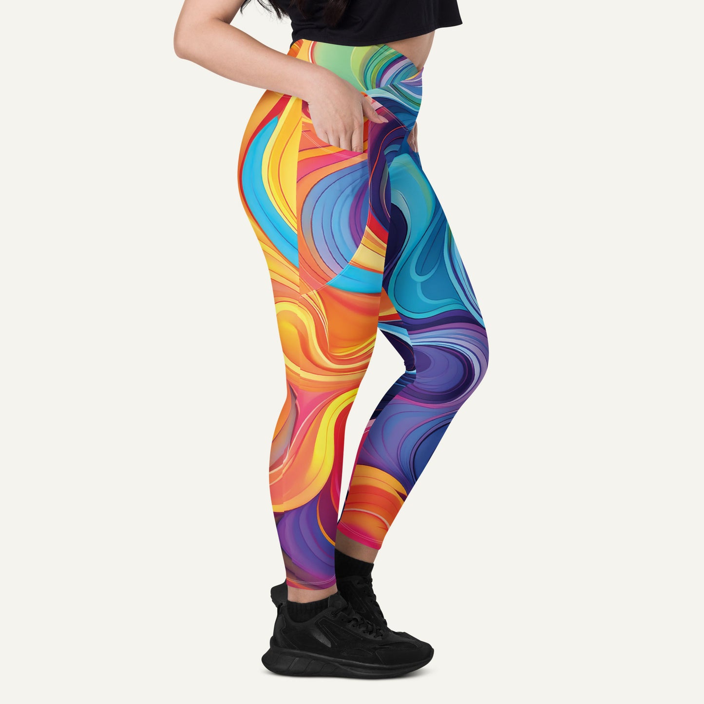 Color Swirls Crossover Leggings With Pockets