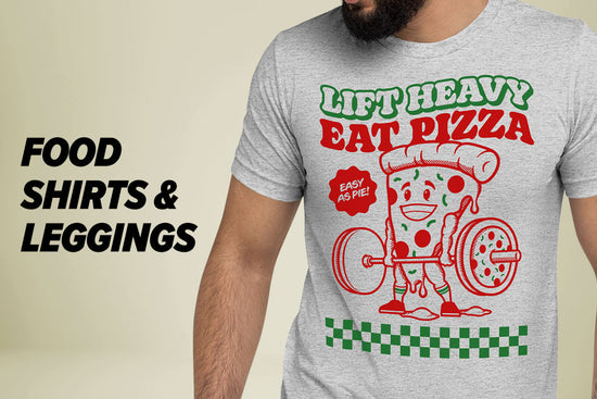 Shop Food Shirts & Leggings: Model wearing white t-shirt with pizza-themed design and text on a beige background